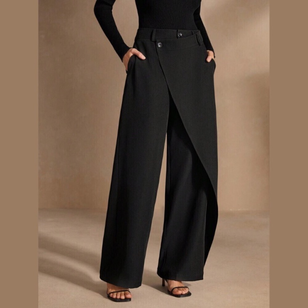 COMMENSE Black Wide-Leg Wrap Front Trousers